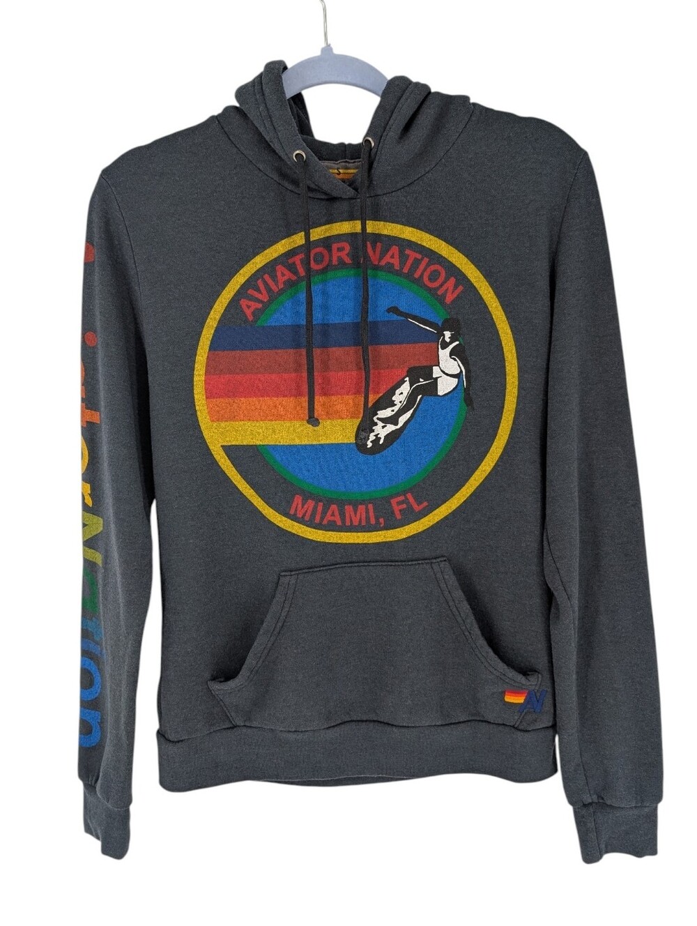 Aviator Nation Pullover Hoodie Sweatshirt Miami Surf Gray Blue Small
